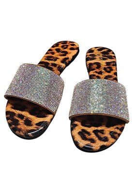 Leopard Print Slides With Rhinestone Straps Stylish Womens Sandals